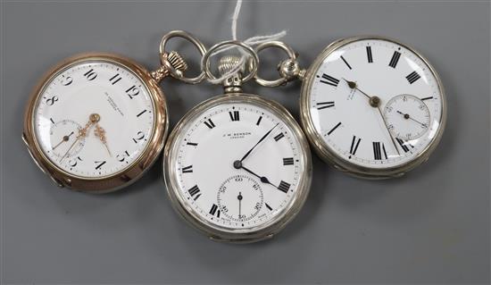 Two J.W. Benson silver pocket watches including late Victorian and an 800 standard Ad. Stockel Nachf. of Plauen pocket watch.